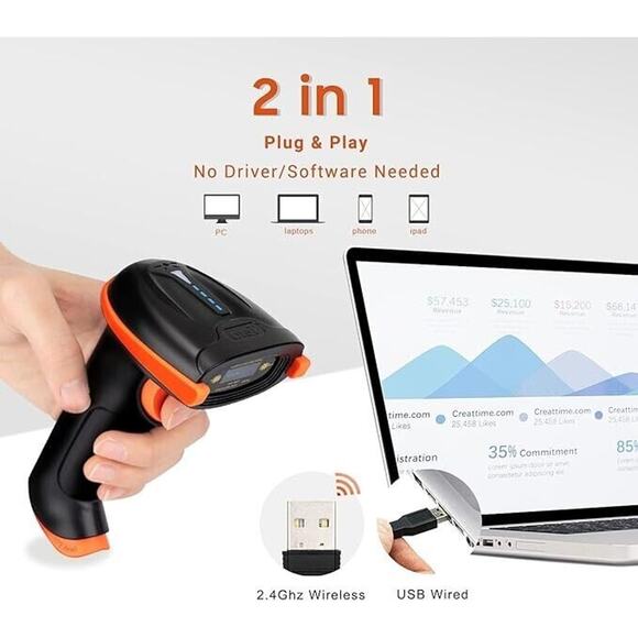 Tera 1D Barcode Scanner Wireless and Wired W/Battery Level Indicator 2.4G - Picture 1 of 6